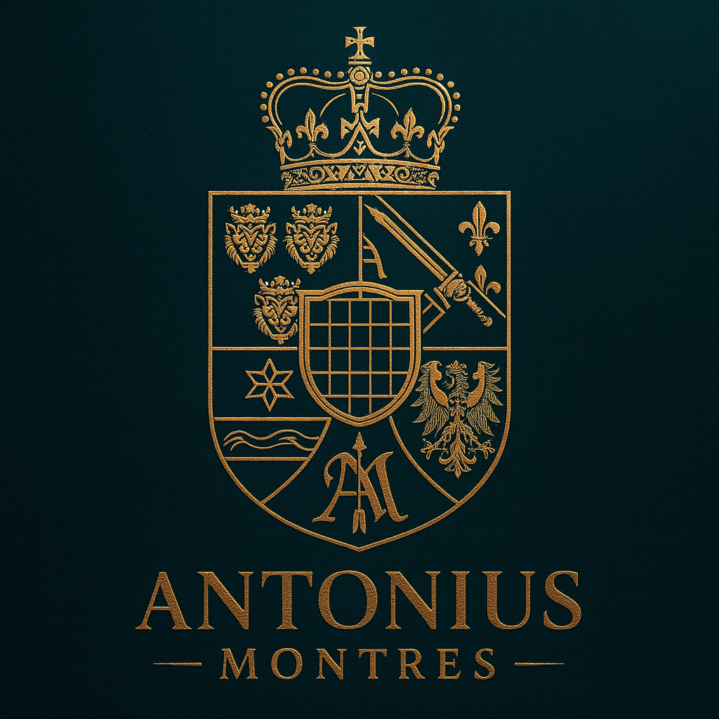 Antonius Montres golden crest logo on a dark background, featuring a crown above a divided shield with heraldic symbols and the brand name beneath, representing luxury, heritage, and precision.