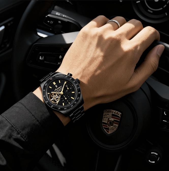 Close-up of a man’s hand on a Porsche steering wheel, wearing an Antonius Montres luxury chronograph with black dial, visible mechanical movement, and multiple sub-dials, highlighting precision and sophistication in a refined automotive setting.