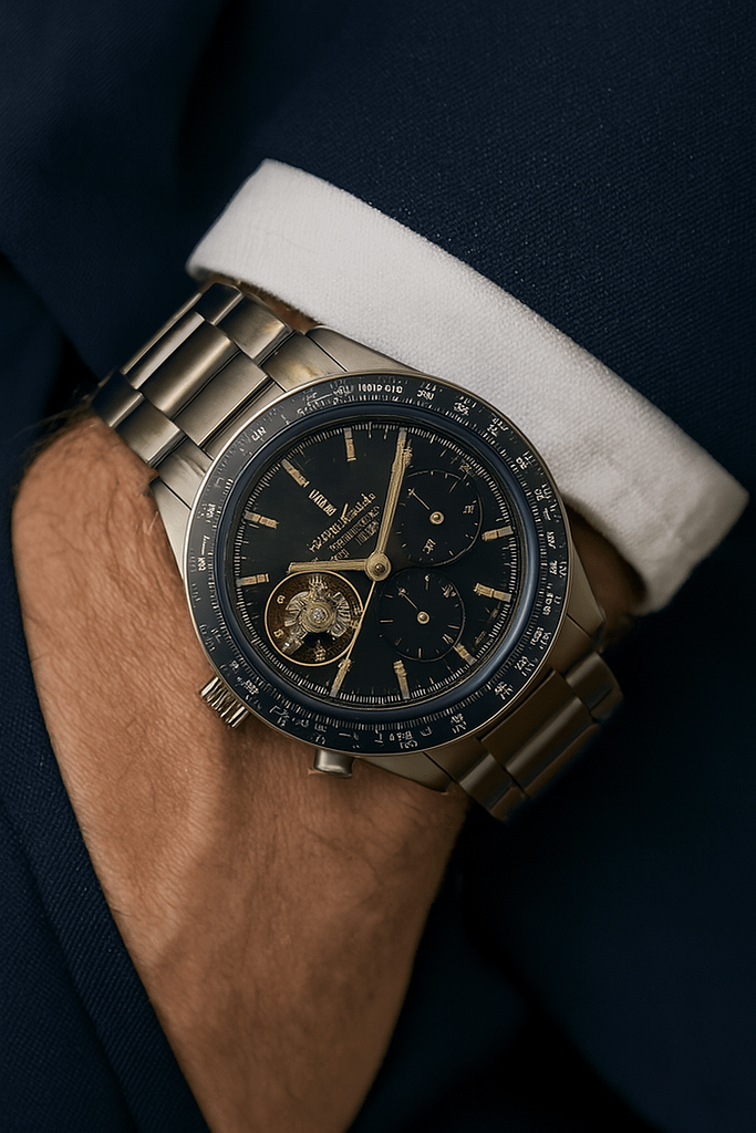 Close-up of a wrist in a dark suit with white shirt cuff, wearing an Antonius Montres luxury chronograph with green dial, open-heart detail, tachymeter bezel, and metal bracelet, highlighting elegance and precision in a formal setting.