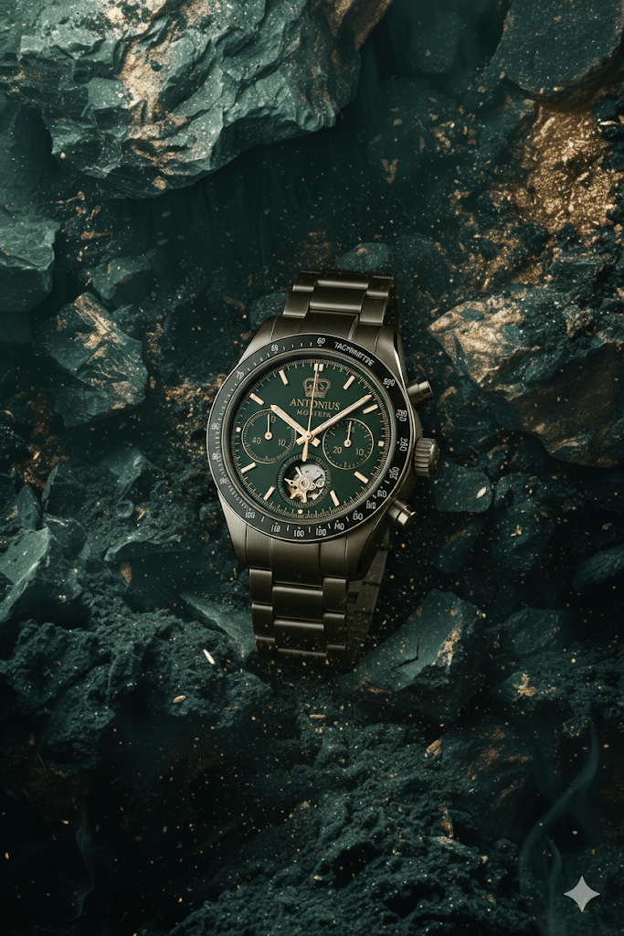 Close-up of an Antonius Montres luxury chronograph with dark green dial, gold accents, open-heart detail, and metal bracelet, placed on rugged rocks to highlight elegance, strength, and precision.