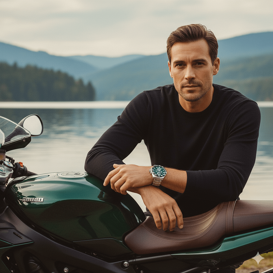 Man sitting on a dark green motorcycle by a serene lake, wearing an Antonius Montres luxury watch with a blue dial and metal bracelet, symbolizing precision and adventure.
