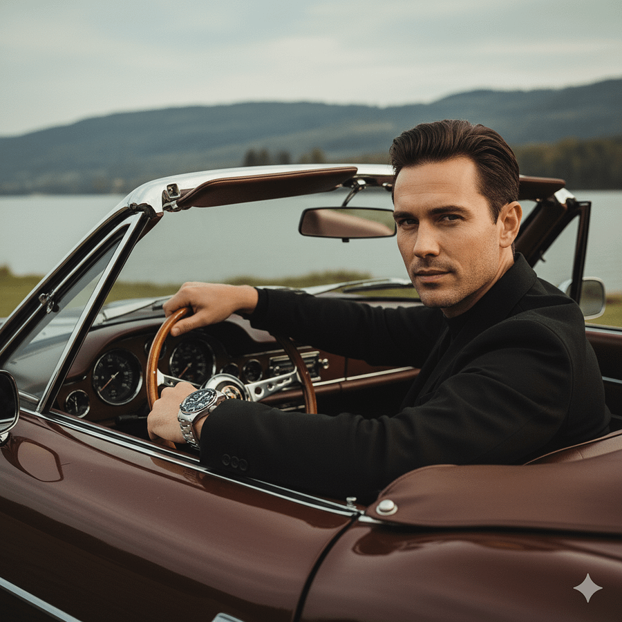 A man in a luxurious sports cabriolet, highlighted by the elegance of an Antonius Montres timepiece, embodies the perfect blend of style and sophistication. The watch, a testament to unparalleled craftsmanship, complements the sleek lines of the vehicle, creating a captivating visual for our discerning clientele. This image encapsulates our brand - a fusion of luxury, innovation, and a passion for the extraordinary.